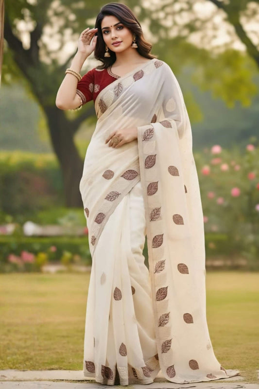 Lagniappe Off White Fancy Silk Embroidery Work Saree With Stitched Blouse