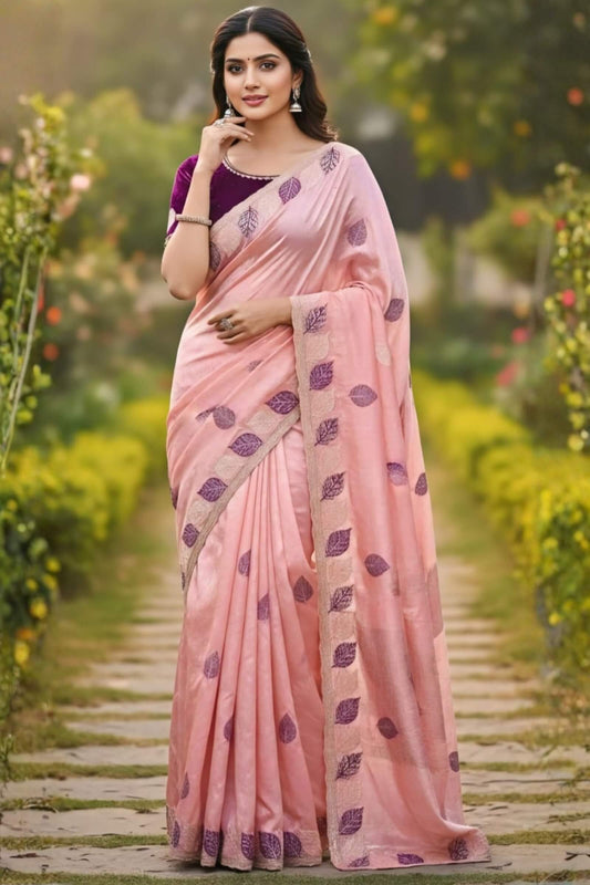 Comely Peach Fancy Silk Embroidery Work Saree With Stitched Blouse