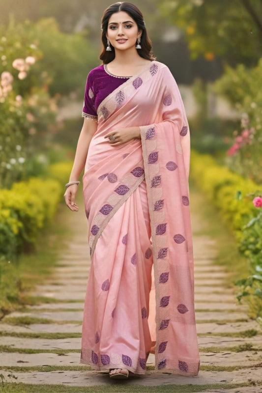 Comely Peach Fancy Silk Embroidery Work Saree With Stitched Blouse