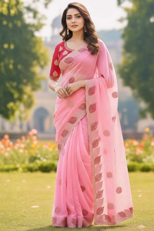 Flameboyant Pink Fancy Silk Embroidery Work Saree With Stitched Blouse