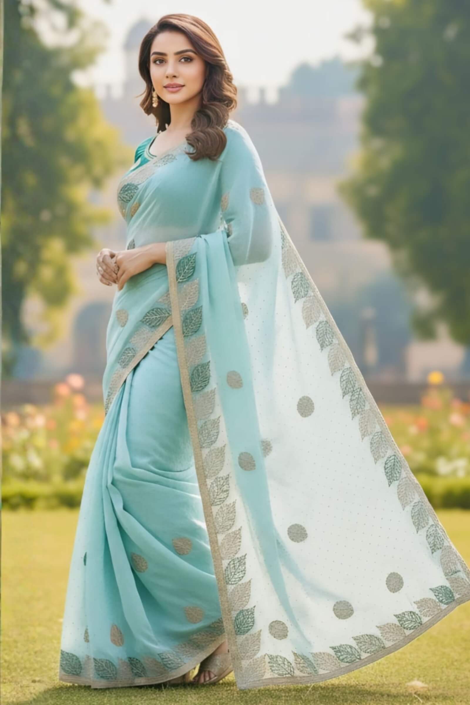 Vibrant 1-Minute Ready To Wear Sky Fancy Silk Saree With Stitched Blouse