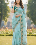 Vibrant 1-Minute Ready To Wear Sky Fancy Silk Saree With Stitched Blouse