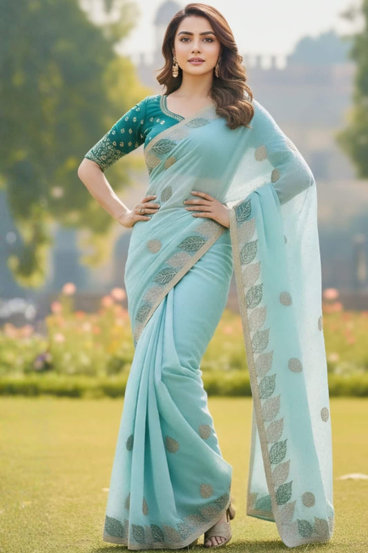 Glorious Sky Fancy Silk Embroidery Work Saree With Stitched Blouse