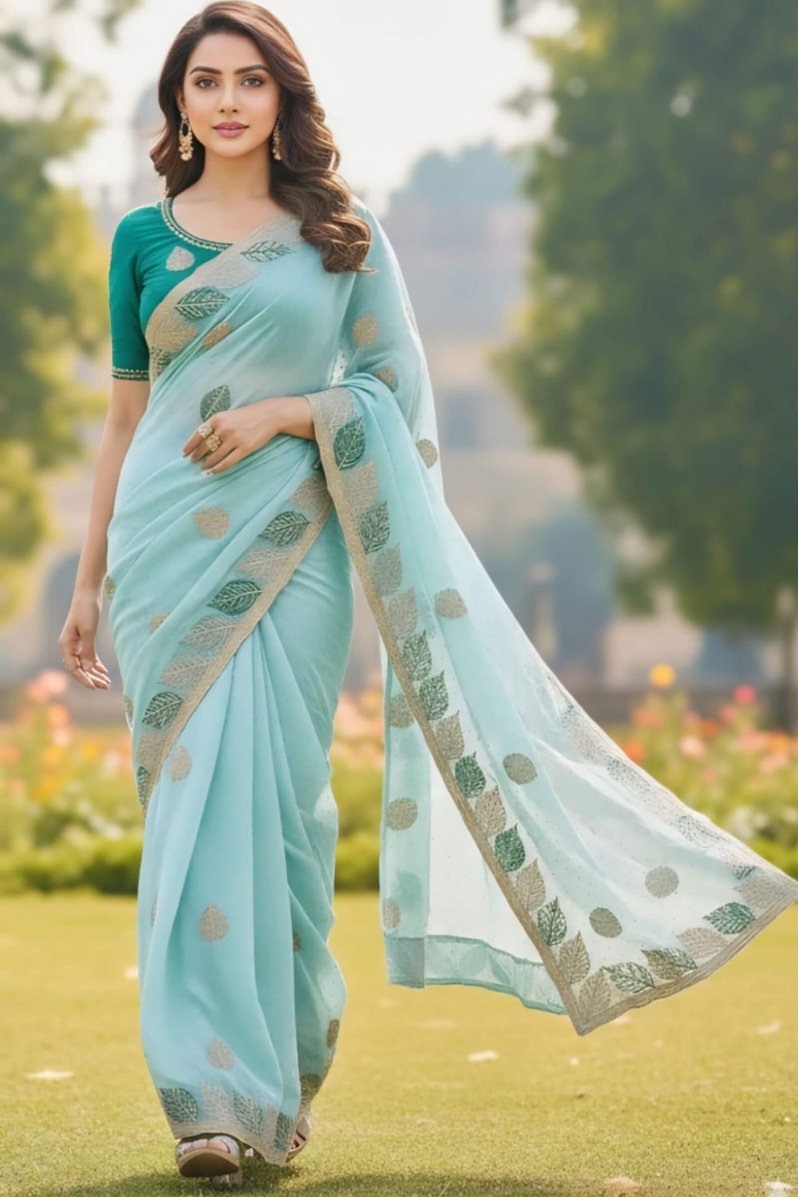Vibrant 1-Minute Ready To Wear Sky Fancy Silk Saree With Stitched Blouse