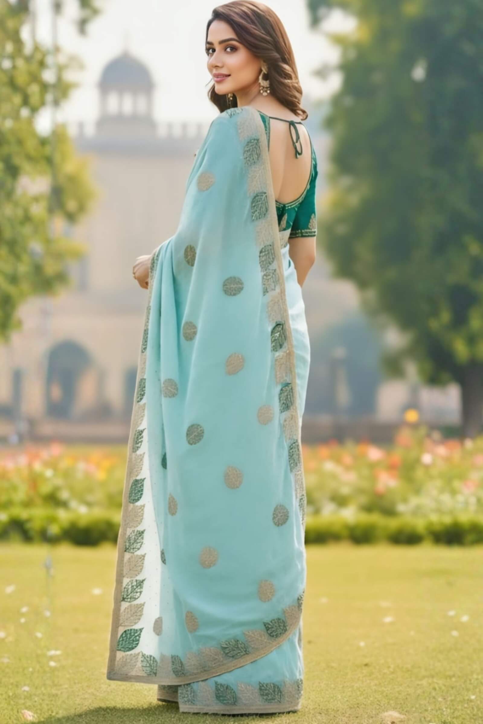 Vibrant 1-Minute Ready To Wear Sky Fancy Silk Saree With Stitched Blouse