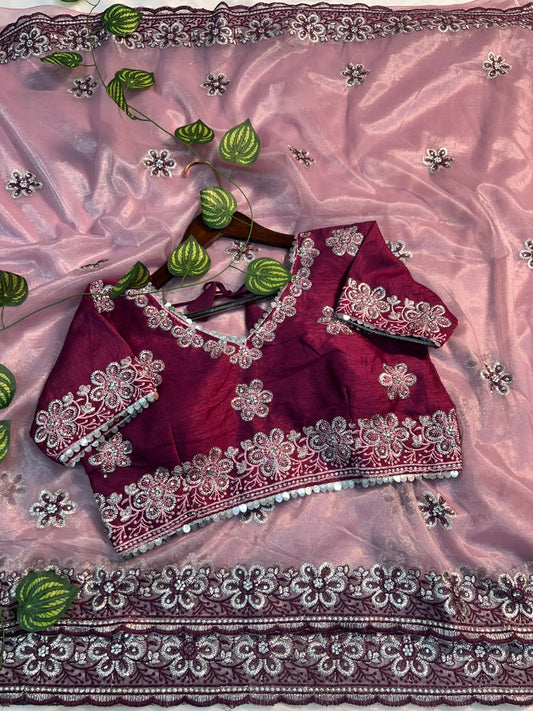 Assemblage Lavender Organza Silk Saree With Magnificat Full Stitched Blouse