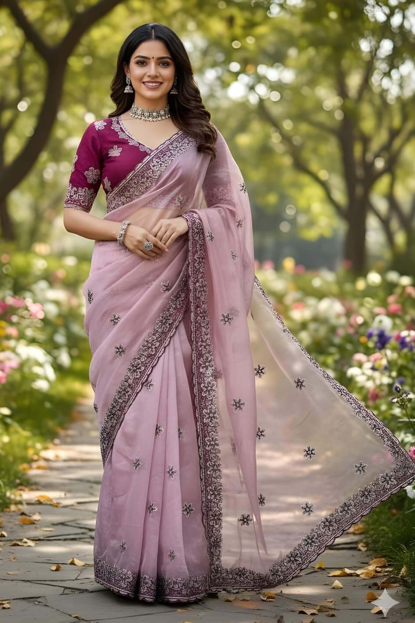Assemblage Lavender Organza Silk Saree With Magnificat Full Stitched Blouse