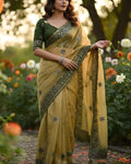 Susurrous Mustard Organza Silk Saree With Marvellous Full Stitched Blouse
