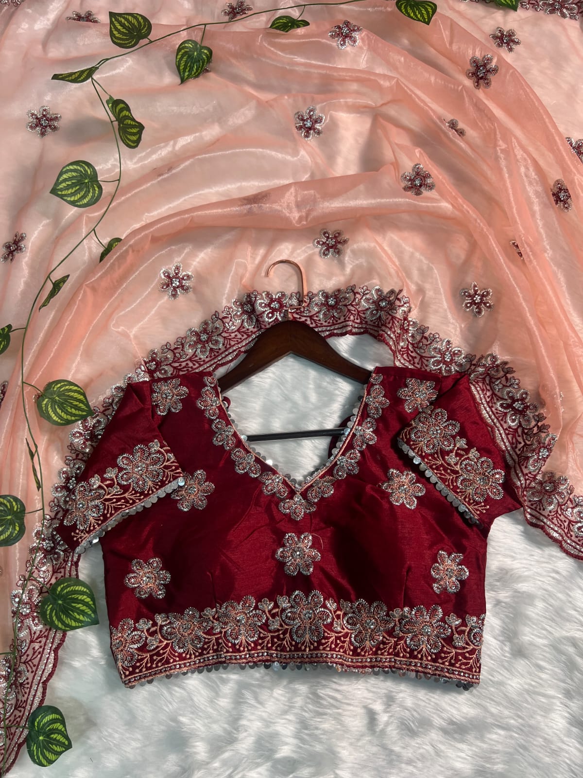 Zephyr Peach Organza Silk Saree With Incomparable Full Stitched Blouse