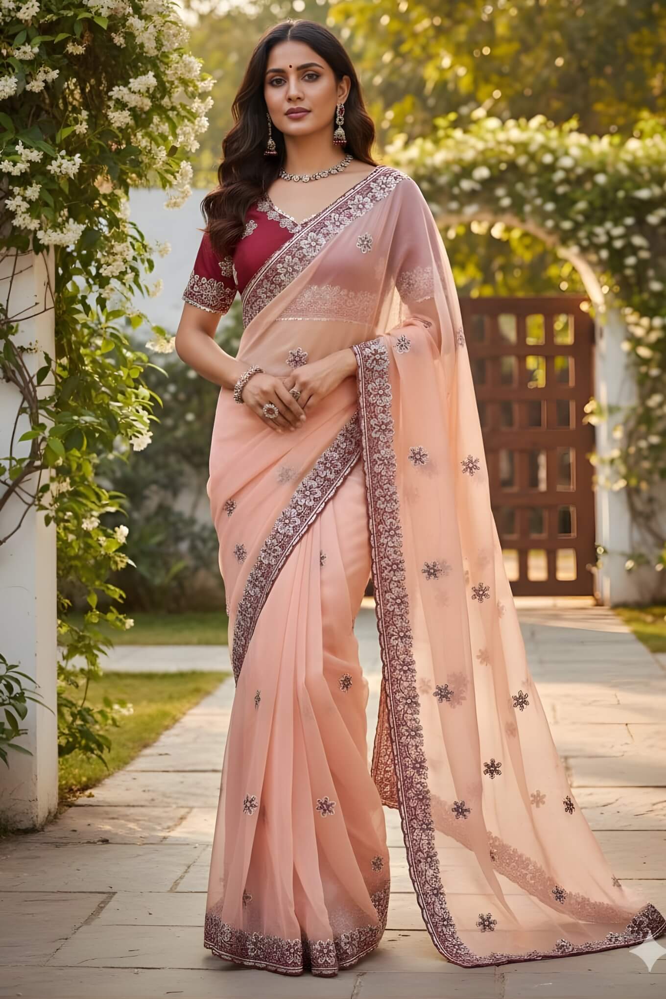 Zephyr Peach Organza Silk Saree With Incomparable Full Stitched Blouse
