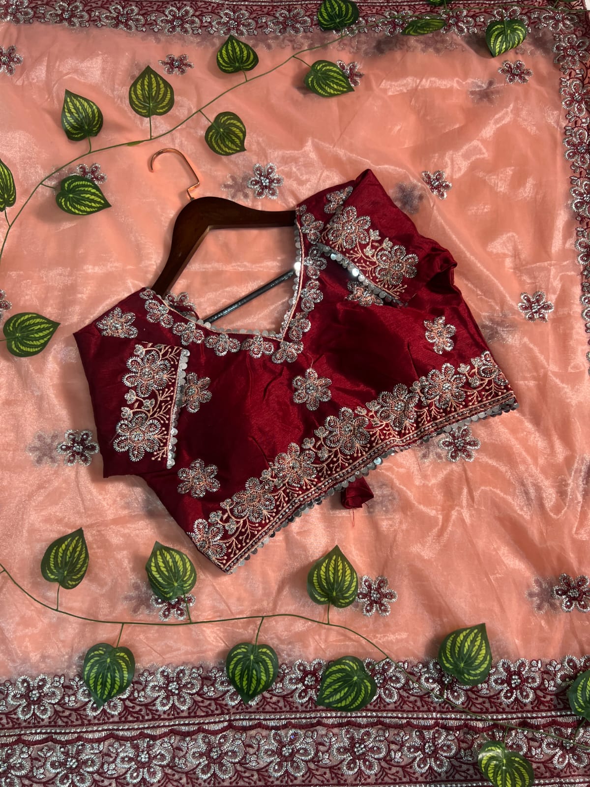 Zephyr Peach Organza Silk Saree With Incomparable Full Stitched Blouse