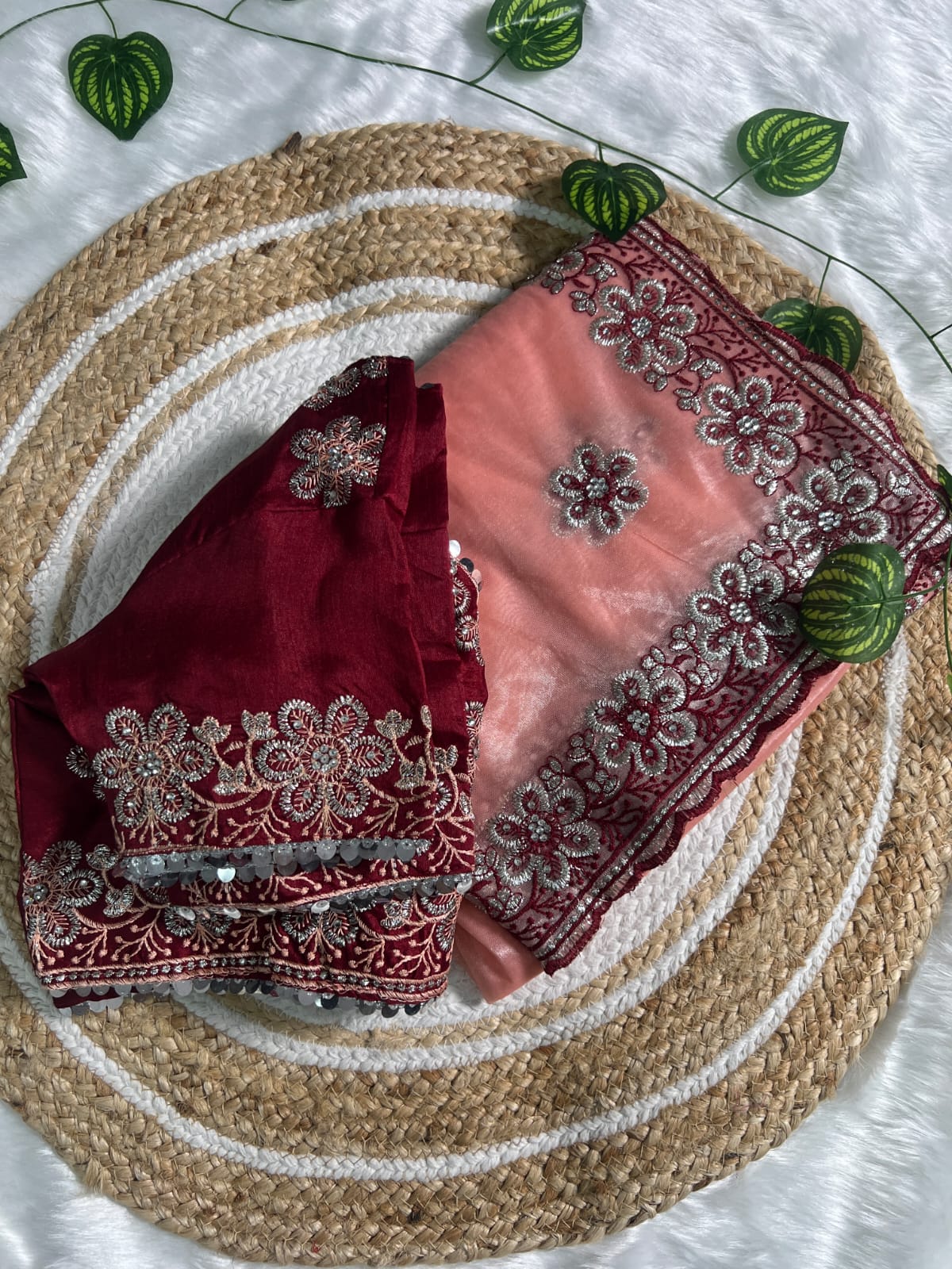 Zephyr Peach Organza Silk Saree With Incomparable Full Stitched Blouse