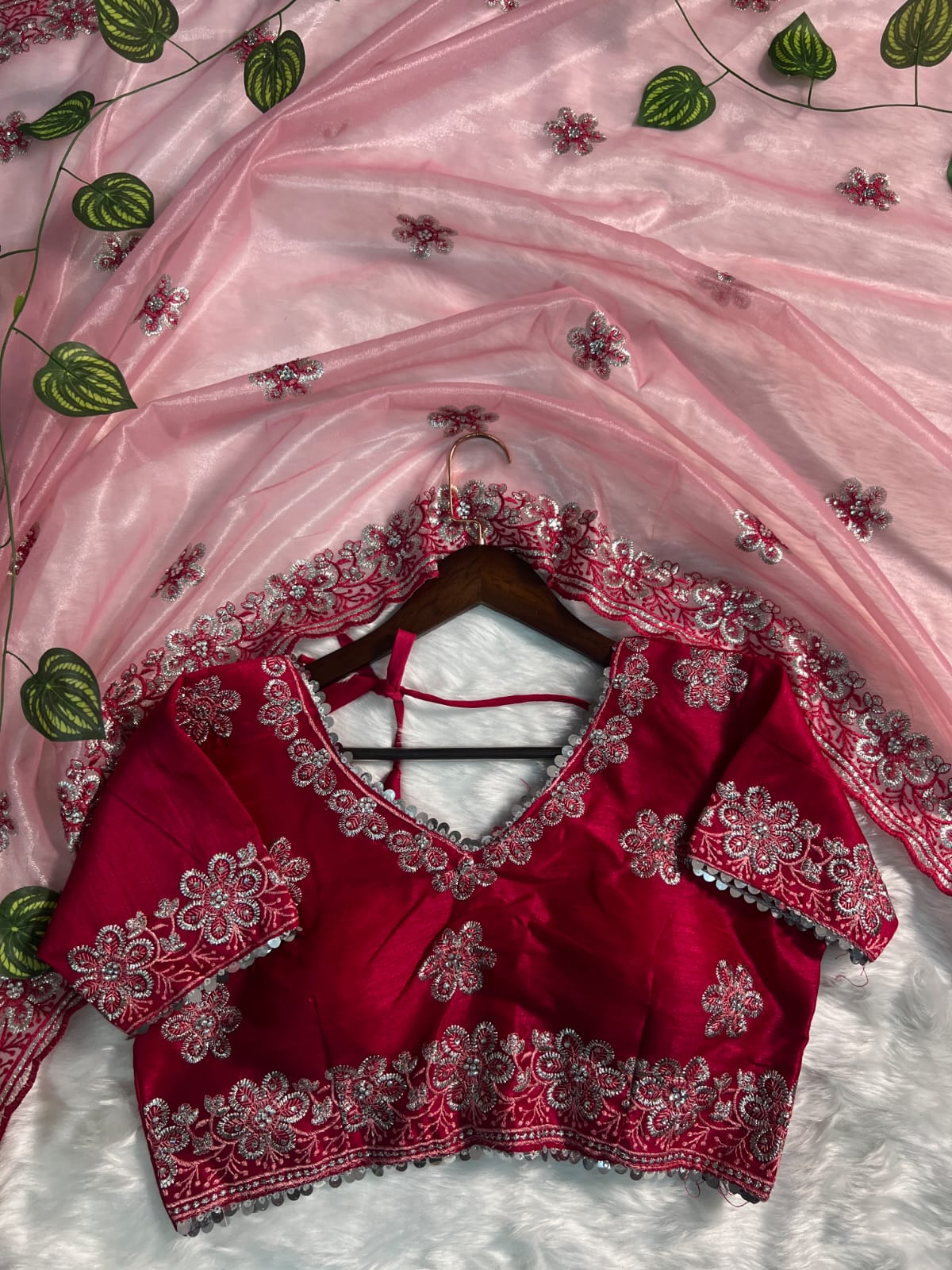 Charismatic Pink Organza Silk Saree With Whimsical Full Stitched Blouse