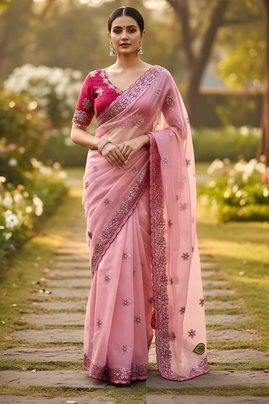 Charismatic Pink Organza Silk Saree With Whimsical Full Stitched Blouse