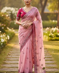 Charismatic Pink Organza Silk Saree With Whimsical Full Stitched Blouse