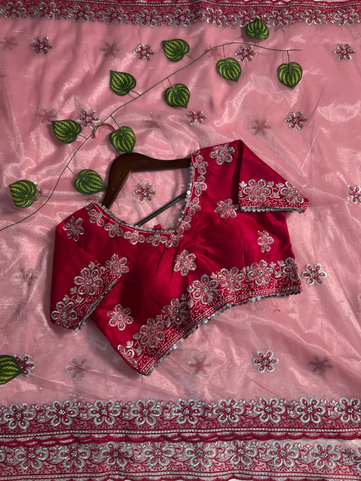 Charismatic Pink Organza Silk Saree With Whimsical Full Stitched Blouse