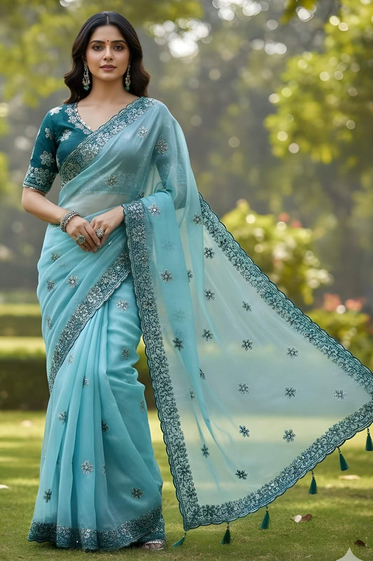 Confounding Sky Organza Silk Saree With Lissome Full Stitched Blouse