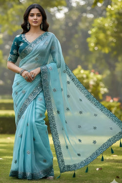 Confounding Sky Organza Silk Saree With Lissome Full Stitched Blouse