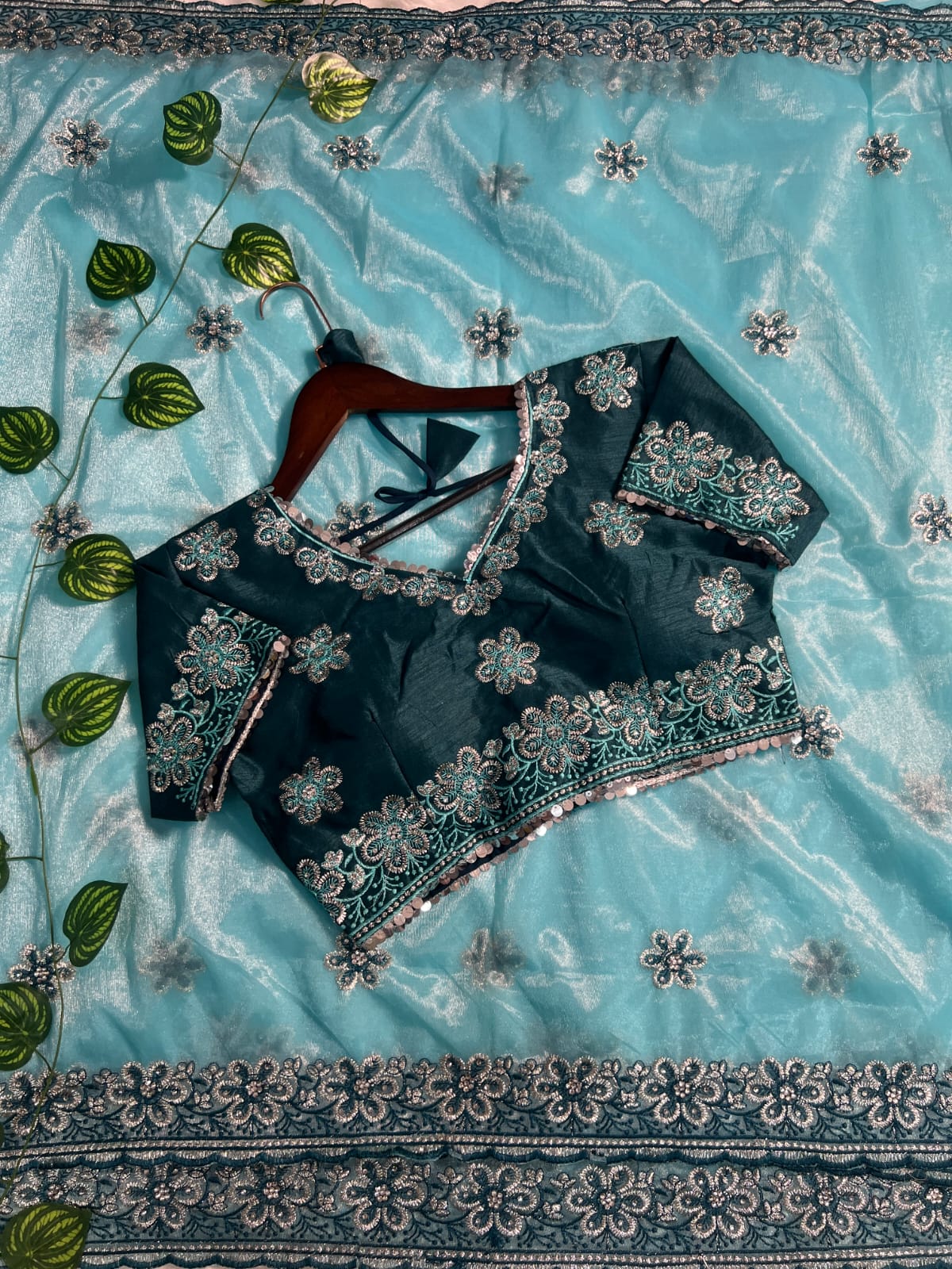 Confounding Sky Organza Silk Saree With Lissome Full Stitched Blouse