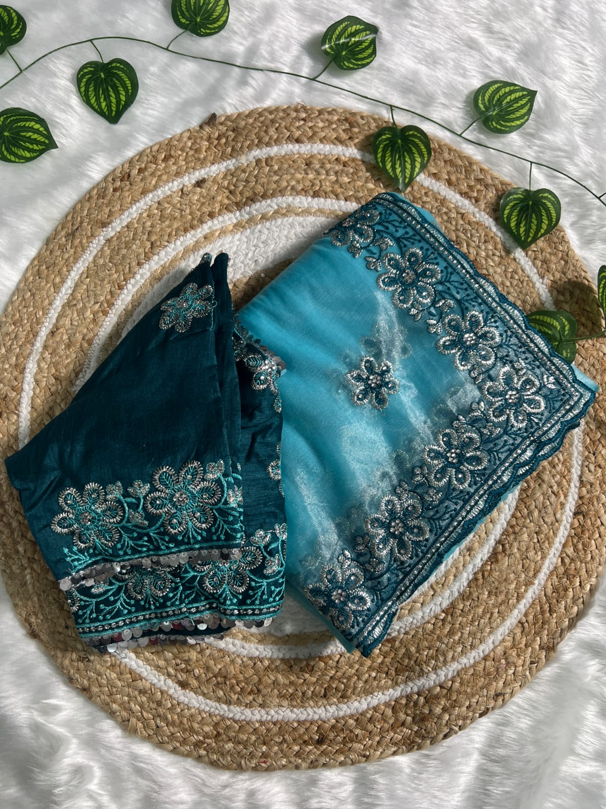 Confounding Sky Organza Silk Saree With Lissome Full Stitched Blouse