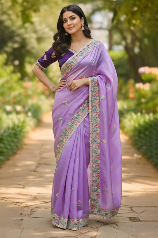 Winsome Lavender Embroidery Work Cursh Silk Saree With Seraphic Full Stitched Blouse