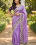 Winsome Lavender Embroidery Work Cursh Silk Saree With Seraphic Full Stitched Blouse