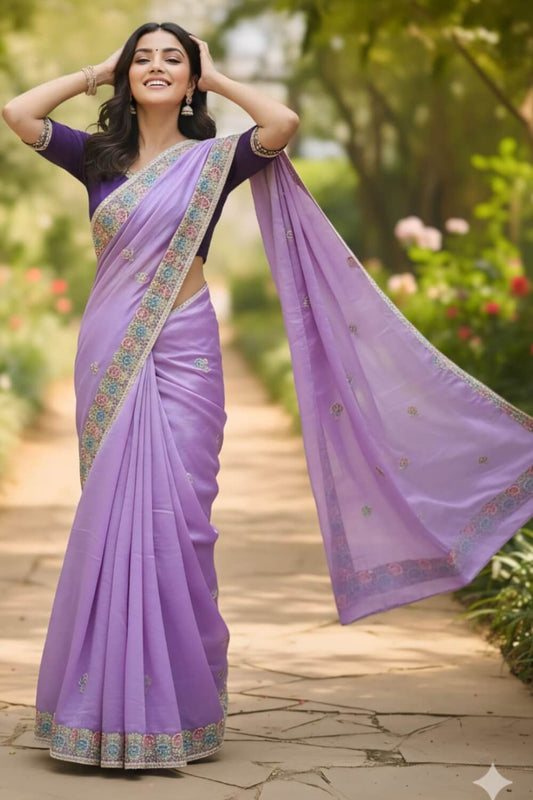 Winsome Lavender Embroidery Work Cursh Silk Saree With Seraphic Full Stitched Blouse