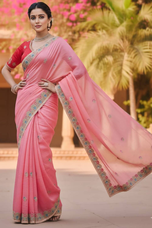 Precious Pink Embroidery Work Cursh Silk Saree With Stunning Full Stitched Blouse