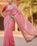 Precious Pink Embroidery Work Cursh Silk Saree With Stunning Full Stitched Blouse