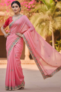 Precious Pink Embroidery Work Cursh Silk Saree With Stunning Full Stitched Blouse
