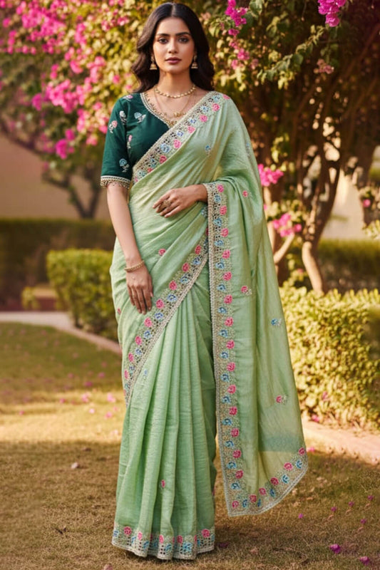 Outstanding Pista Embroidery Work Cursh Silk Saree With Vibrant Full Stitched Blouse