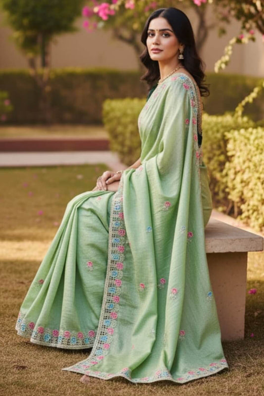Outstanding Pista Embroidery Work Cursh Silk Saree With Vibrant Full Stitched Blouse
