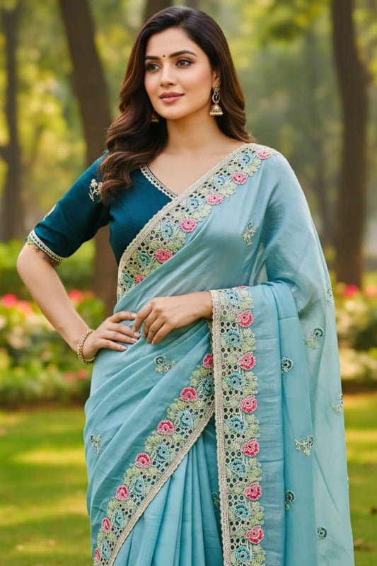 Prodigal Sky Embroidery Work Cursh Silk Saree With Pulsating Full Stitched Blouse