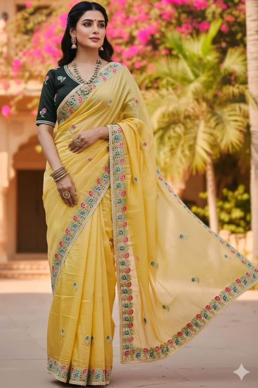 Murmurous Yellow Embroidery Work Cursh Silk Saree With Sempiternal Full Stitched Blouse