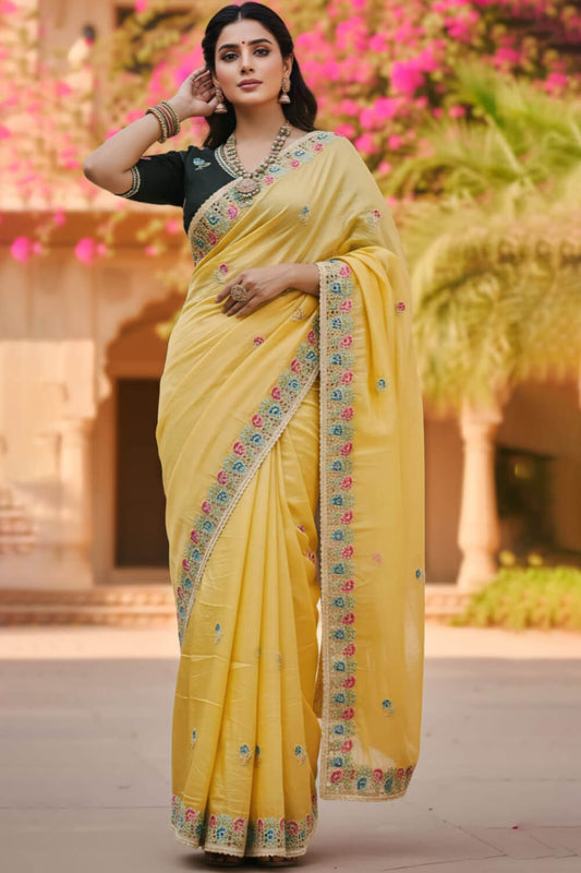 Murmurous Yellow Embroidery Work Cursh Silk Saree With Sempiternal Full Stitched Blouse