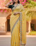 Murmurous Yellow Embroidery Work Cursh Silk Saree With Sempiternal Full Stitched Blouse