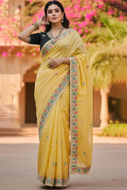 Murmurous Yellow Embroidery Work Cursh Silk Saree With Sempiternal Full Stitched Blouse
