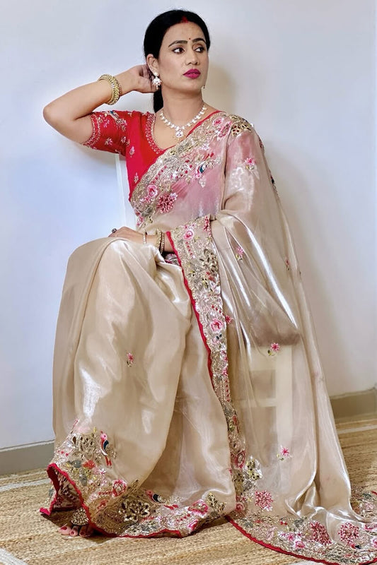 Enticing Beige Embroidery Work Jimmy Choo Silk Saree With Ephemeral Blouse Piece