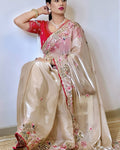 Enticing Beige Embroidery Work Jimmy Choo Silk Saree With Ephemeral Blouse Piece