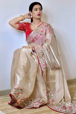 Enticing Beige Embroidery Work Jimmy Choo Silk Saree With Ephemeral Blouse Piece