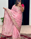 Bewitching Pink Embroidery Work Jimmy Choo Silk Saree With Redolent Blouse Piece