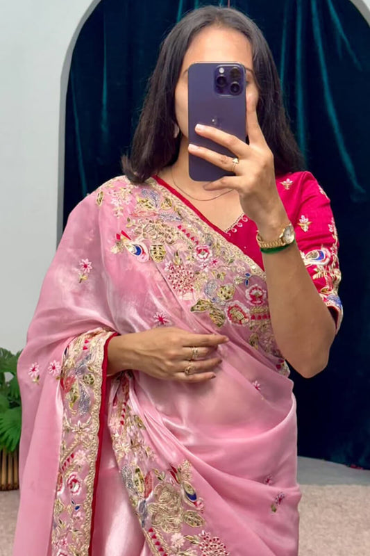 Bewitching Pink Embroidery Work Jimmy Choo Silk Saree With Redolent Blouse Piece