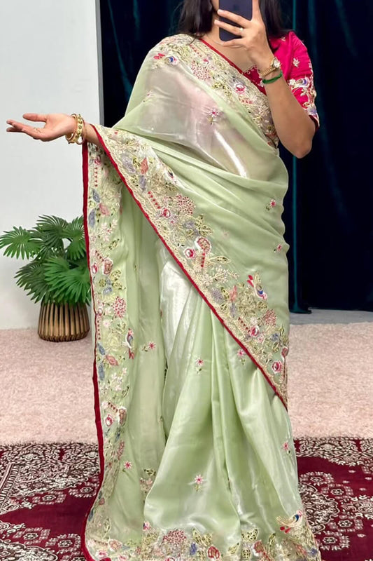 Sonorous Pista Embroidery Work Jimmy Choo Silk Saree With Adorable Blouse Piece