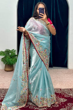 Wonderful Sky Embroidery Work Jimmy Choo Silk Saree With Surreptitious Blouse Piece