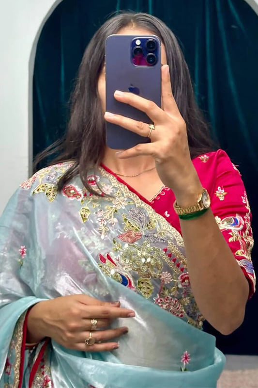 Wonderful Sky Embroidery Work Jimmy Choo Silk Saree With Surreptitious Blouse Piece