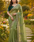 Beautiful Green Embroidery Work Chiffon Silk Saree With Fairytale Full Stitched Blouse