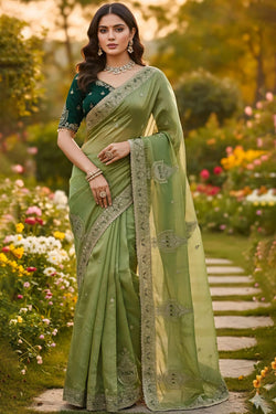Beautiful Green Embroidery Work Chiffon Silk Saree With Fairytale Full Stitched Blouse