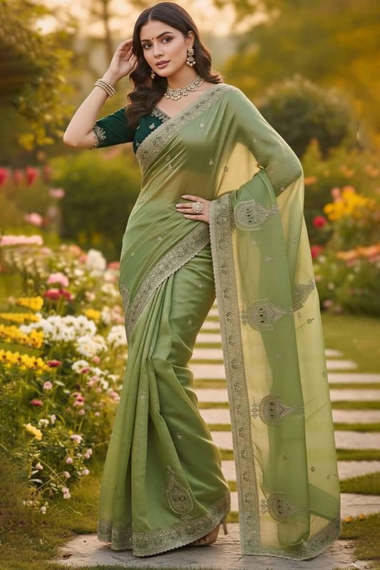 Beautiful Green Embroidery Work Chiffon Silk Saree With Fairytale Full Stitched Blouse
