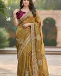 Resonant Mustard Embroidery Work Chiffon Silk Saree With Phenomenal Full Stitched Blouse