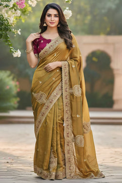 Resonant Mustard Embroidery Work Chiffon Silk Saree With Phenomenal Full Stitched Blouse